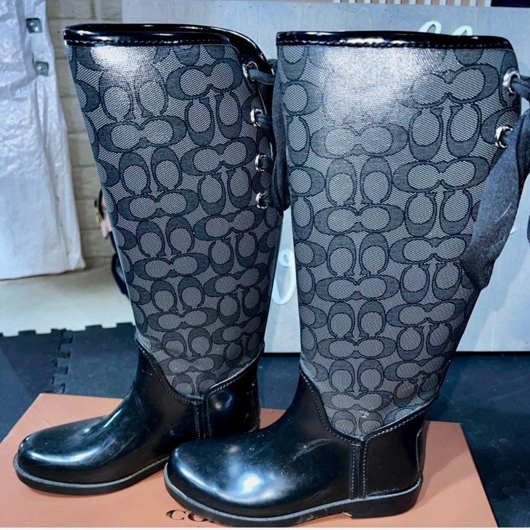 Coach Tristee Lace-Up Corset Signature Logo Tall Rain Boots Black Size 6